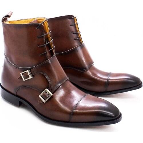 British Style Mens Winter Boots Genuine Calfskin Leather High Top Cap Toe Cowboy Boots Buckle Monk Strap Lace Up Shoes for Men