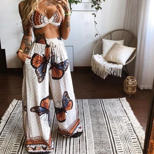 Hirigin Fashion Two-Piece Suit Summer Women Boho Beach Style Print Underwear Loose Wide Leg Pants 2pcs Outfits Tracksuit Sets