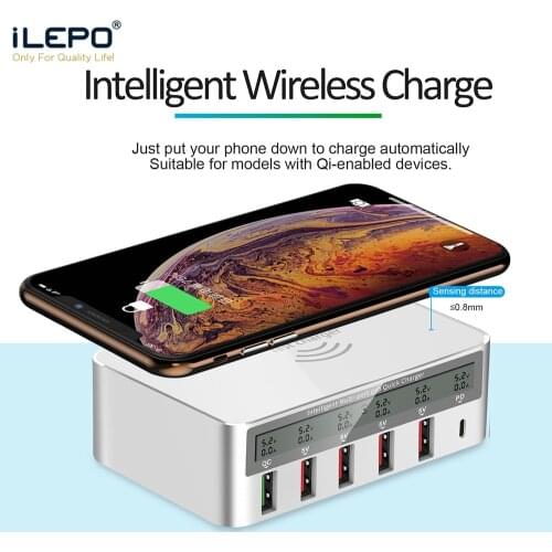 ILEPO 100W Fast Charger 6 Ports LED Quick Charge PD QC 3.0 QI Wireless Charger For iPhone 12 Pro Max Samsung Xiaomi Huawei