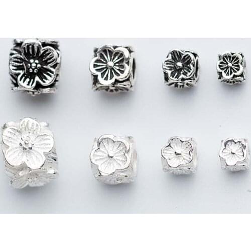 925 Sterling Silver Craft Flower Carved Square Spacer Beads 4mm 5mm 6mm 8mm Decoration Big Hole Charm Beads DIY Jewelry Making