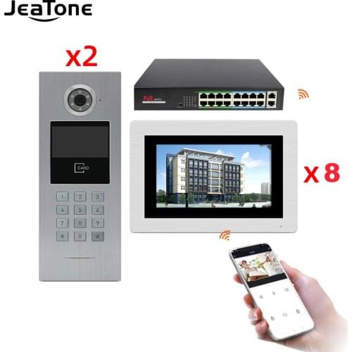 Jeatone 7'' Tuya WIFI IP Video Intercom for Large Building +POE Switch 2to8 Access Control System Support Password/Cards Unlock