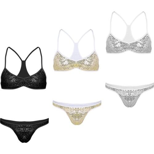 Hot Sexy Mens Shiny Sequins Sissy Panties and Bra Gay Sexy Lingerie Set Spaghetti Strap Cross Back Bra Top with Briefs Underwear