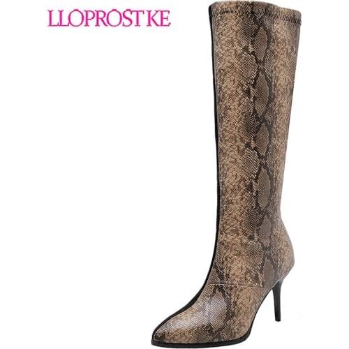 Lloprost ke fashion python print PU leather knee high boots women thin high heels pointy toe stretch faux suede long boots H568