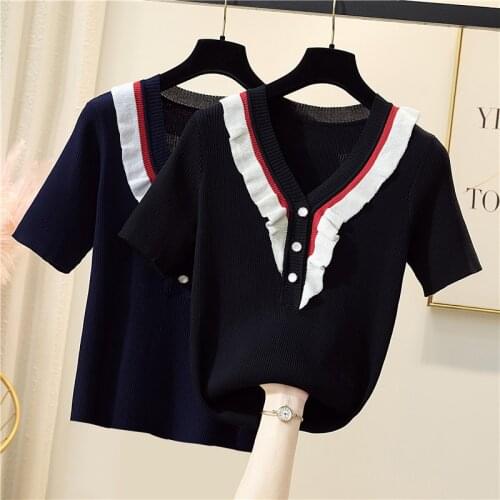 M-4XL plus size women ruffle thin sweater pullover 2021 Summer short sleeve v neck button kintting Oversized sweaters jumper