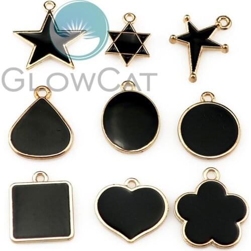 Black Enamel Metal Geometry Waterdrop Star Heart Round Gold Color Charms Girls Women DIY Necklace Pendant Jewelry