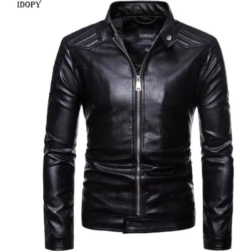 Idopy Fashion Motorcycle Faux Leather Jacket Men Slim Fit Biker Stand Collar PU Jacket Autumn Men PU Leather Jackets Coats