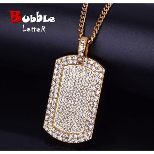 Mens Pendant Filled Iced Rhinestone Gold Color Charm Square Dog Tag Necklace With Cuban Chain Bling Bling Hip Hop Jewelry