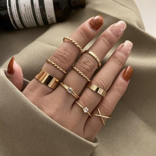 9pcs/Set Gold Silver Color Women Finger Rings Set Fashion Chain Shape Crystal Metal Knuckle Joint Classic Ring Jewelry Gifts