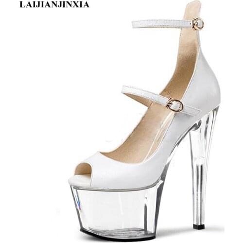 LAIJIANJINXIA New Patent Leather Buckle Strap Big Size 46 Womens Pumps Trend 17 Cm High Heeled Shoes 6 Inches Models Party Shoe