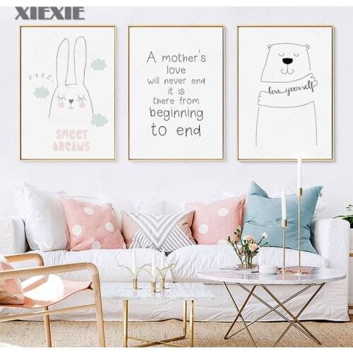 Simple Black and White Animal Bear Rabbit Wall Art Canvas Painting Nursery Quotes Print Nordic Kid Bedroom Decoration Picture