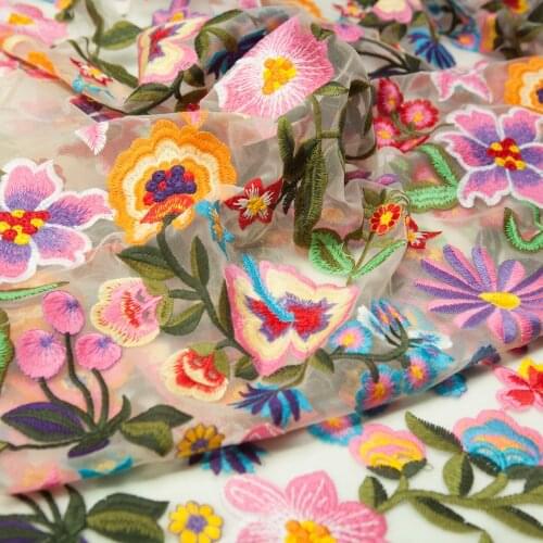 Couture fashion embroidery bright yellow/pink flower green leaves sheer mesh fabric for wedding, dress, skirt, craft by the yard