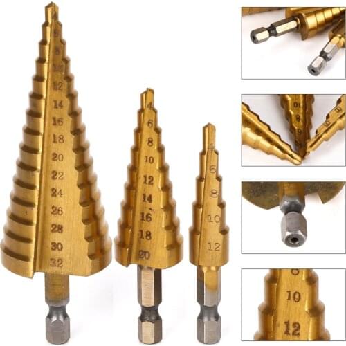 3Pcs/lot Hss Hex shank Step Drill 4-32 4-20 4-12mm Step Cone Cutting Tools Steel Woodworking Metal Drill Set