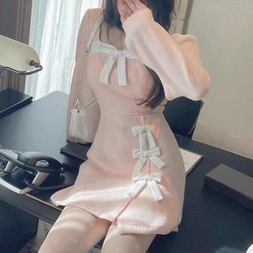 Japanese Autumn Pink Lolita Dress Women Korean Kawaii Sweet Bow Designer Mini Dress Soft Girl Cute High Waist Warm Corduroy Dres