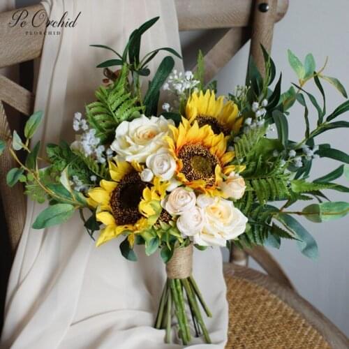 PEORCHID Yellow Sunflowers Wedding Bouquet Rose Boho Style Artificial Bridal Silk flower Hand Bouquet Trouw Decoratie