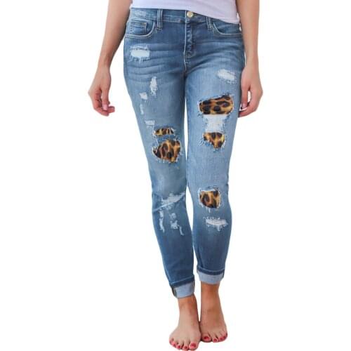 Women Skinny Ripped Jeans Mid Waist Leopard Plaid Print Patchwork Destroyed Slim Fit Denim Pencil Pants Spring Autumn Wear