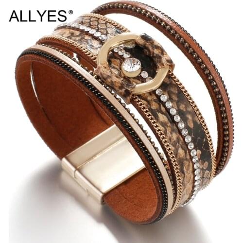 ALLYES Multilayer Snake Skin Leather Bracelets for Women Beads Chain Bohemian Wide Animal Print Bracelet Crystal Female Jewelry
