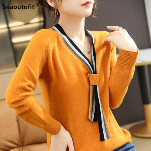 2021 Spring Autumn New 100% Pure Wool Sweater Womens V-Neck Streamer Thinner Commuter OL Solid Color Pullover Bottoming Shirt