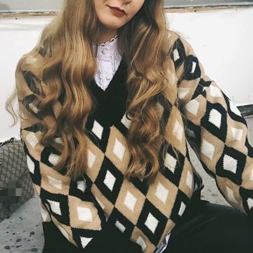 PUWD Vintage Woman Rhombus Plaid V Neck Sweater 2020 Fashion Ladies Autumn Oversized Knitted Tops Female Chic Soft Sweaters