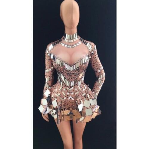 Sparkly Sequins Bodysuit Dress Rhinestones Dance Costume Womens Birthday Celebrate Party Leotard Female Performance Outfit
