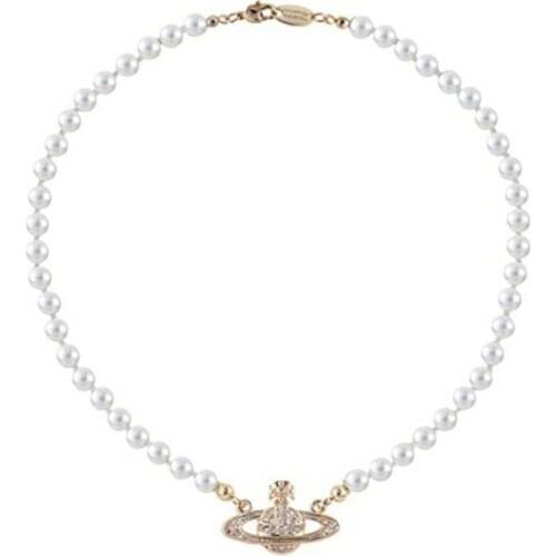 Women hip hop shining saturn pendant pearl necklace high quality charm choker collar fashion jewelry 2021 goth ball necklaces