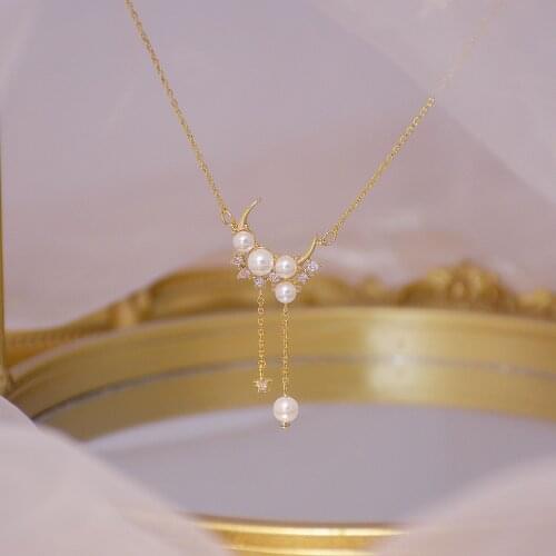 14K Real Gold New Moon Pearl Necklace Inlaid with Zirconia Tassel Temperament Pendant Senior Banquet Birthday Gift Lady Jewelry