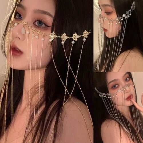 649D Multi-Layers Tassel Hairpin Chains Lightweight Mesh Veil Chain with Pearl Gorgeous Crystal Headpiece Masquerade Mask
