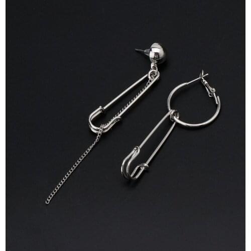 Y166 Asymmetric Tassel Chain Safety Pin Dangle Drop Earring Kpop Korean Jewelry