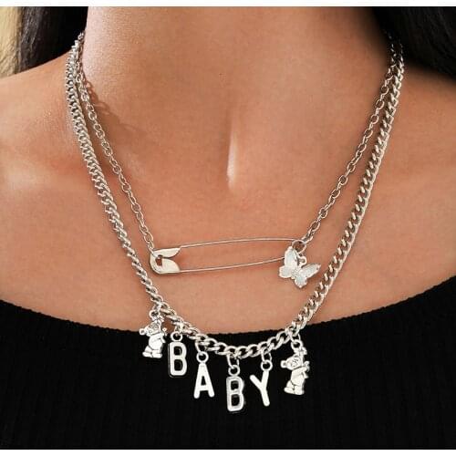 Aprilwell Letter "Baby" Bear Butterfly Layer Pendant Necklace For Women Charm Silver Chain 2021 Aesthetic Jewelry E-Girl Gift