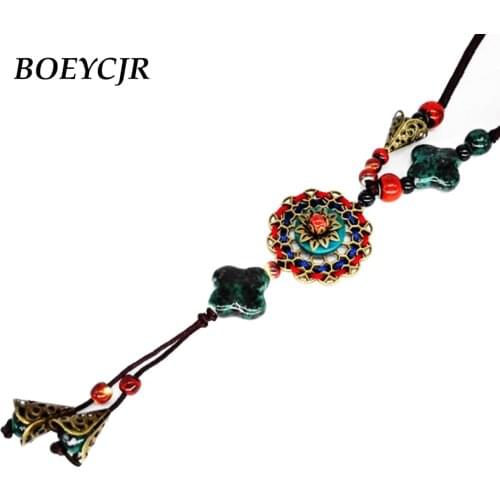 Dreamcatcher Ceramic Beads Tassel Necklace Chain Handmade Chinese Ethnic Adjustable Long Pendant Necklace for Women