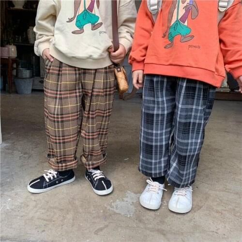 Childrens Pants 2021 Autumn New Boys and Girls' Vintage Plaid Simple All-match Pants Childrens Elastic Waist Casual Pants