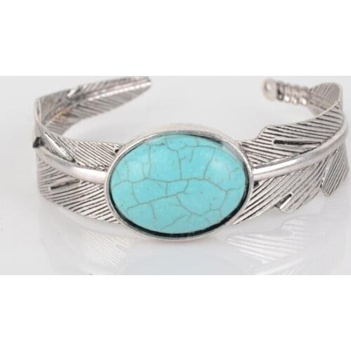 FYSL Silver Plated Feather with Oval Shape Green Turquoises Stone Open Bangle Ethnic Style Jewelry
