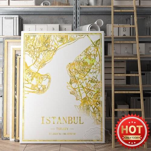 Istanbul Turke City Gold Line Map Art Poster, Vintage Study Living Room Decor Wall Picture, Wolds Tavel City Street Map Mural