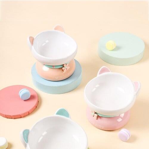 Ceramic cat bowl with high feet to protect cervical spine feeder pet oblique mouth anti-overturning dog food bowl water basi