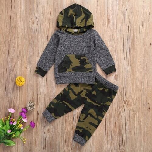 Toddlers Clothes Set Little Boys Girls Floral/Camouflage Printing Long Sleeve Pocket Decoration Hooded Top + Long Trousers Kit