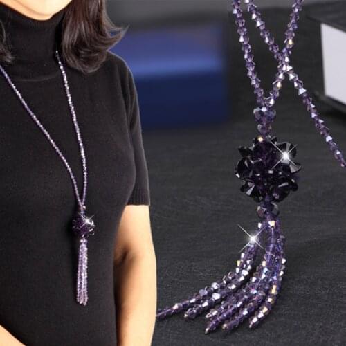 Korean Crystal Bead Long Necklace Women Autumn Winter Joker Sweater Chain Fashion 2021 Kpop Tassel Pendant Neck Decoration