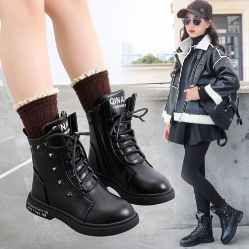 British Style Girl Plus Velvet Princess Short Boots Winter 2021 New Childrens Boots Girls Martin Boots Fashion Shoes with Rivet