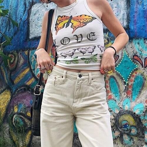 Summer Womens Casual Round Neck Vest Fashion Playful Butterfly Printing Exposed Navel Sleeveless Tops Soft And Comfortable S M L