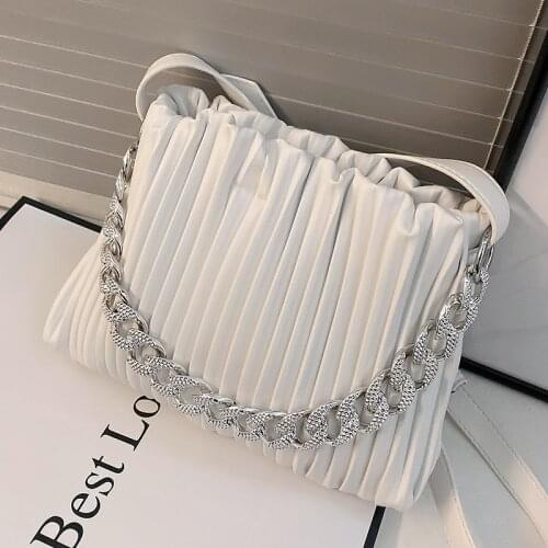 Small Leather White Shoulder Bags for Women Simple Chain Tote Messenger Bag Ladies Casual Pleated Handbags Popular Crossbody Bag