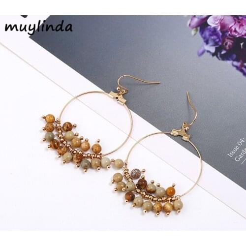 Charm Stoned Hoop Earrings Fashion Big Round Nature Stoned Earrings Women Party Jewelry