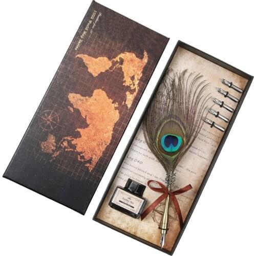 Peacock Feather Antique Feather Dip Pen Metal Nibbed Ink Writing Quill Pen for Scrapbooking Birthday Gift Box Set