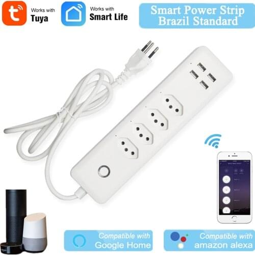 Tuya Smart Brazil Socket WiFi Power Strip Surge Protector With 4 Plug 4 USB Port Control Switch Compatible Alexa Google Home
