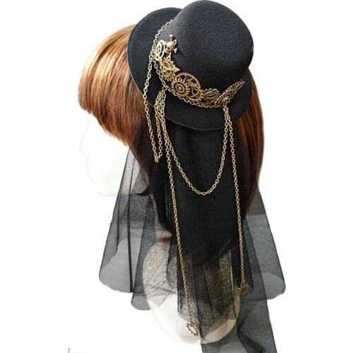 Steampunk Mini Top Hat With Veil Punk Gears Gothic Mini Hats Fancy Dress Cos Chains Hair Accessories