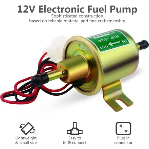 100% New 12V Universal Electric Inline Fuel Pump 4-7 PSI Low Pressure Gas Diesel HEP-02A 5/16 Inch Gold for Cars Generators