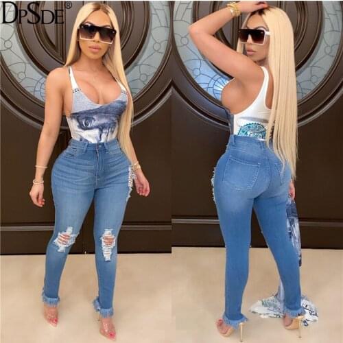 DPSDE 2020 women hot sale fashion reduction of age street style denim long pants pockets broken hole pure color denim pants