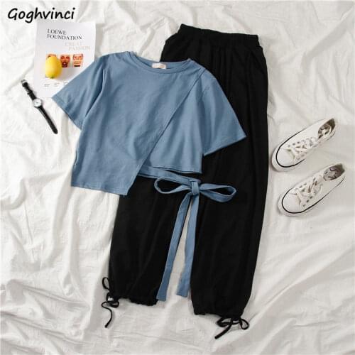 Women Sets Summer Casual Crop Tops Bow Bandage Solid High Waist Harem Pants All-match Fashion Ulzzang Two Piece Students Teens