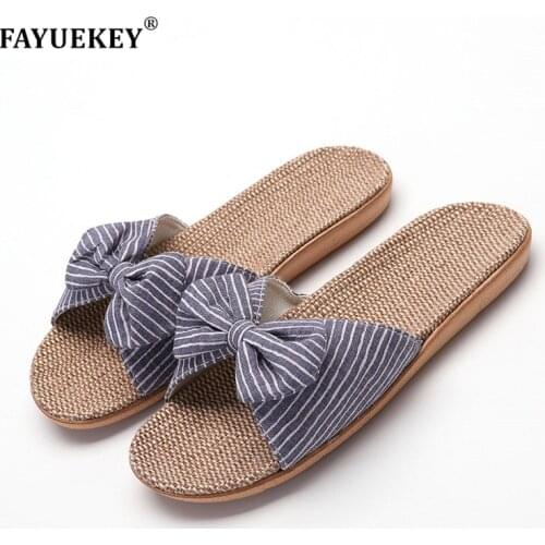 FAYUEKEY 2019 Summer Women Linen Flax Home Slippers Floor Beach Outdoor Bowknot Breathable Non-slip Slides Sandals Flat Shoes