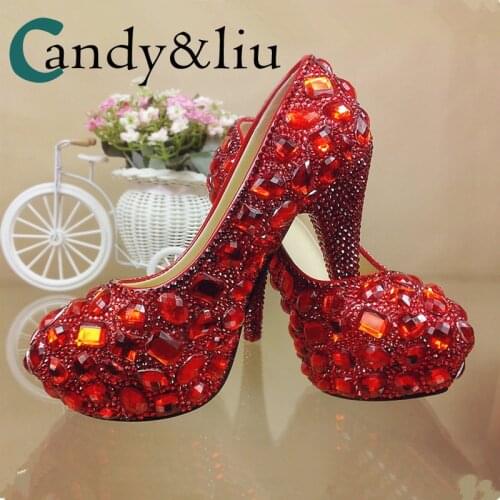 Red Crystal Wedding Shoes Rhinestone Pearl Beaded Super High Heel Round Toe Slip-on Women Pumps for Party Banquet Evening Dress