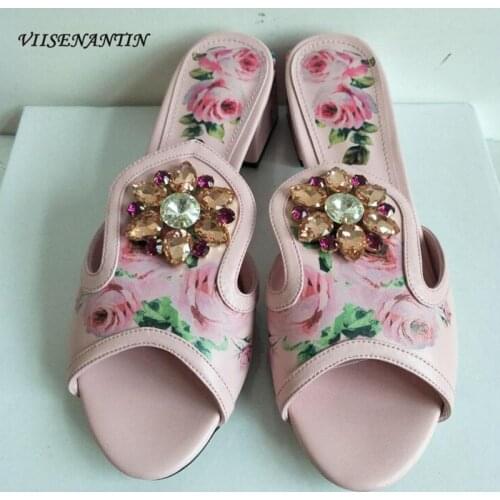 VIISENANTIN Flower Print Lady Chunky Heel Slipper Shoe Rhinestone Peep Toe Beautiful Retro Style Slides Mules Shoe Female