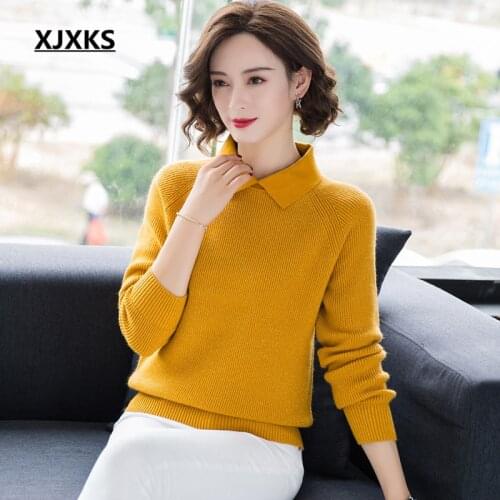 XJXKS New 2020 spring high quality cashmere knitted sweater women pullover fashion lapel women solid color sweater