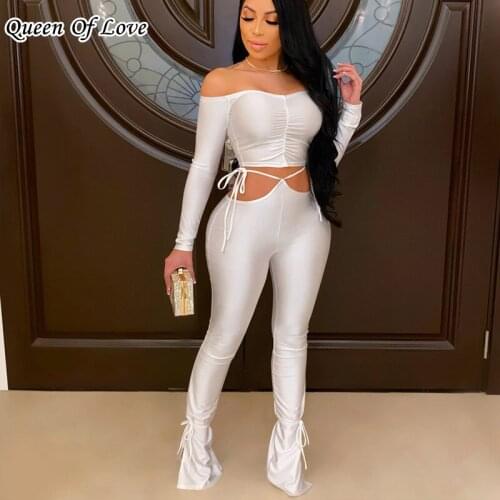 Sexy Flare Pant Outfits 2021 New Fashion Elegant 2 Piece Women Slash Neck Long Sleeve Crop Top And Hollow Out Pants Matching Set